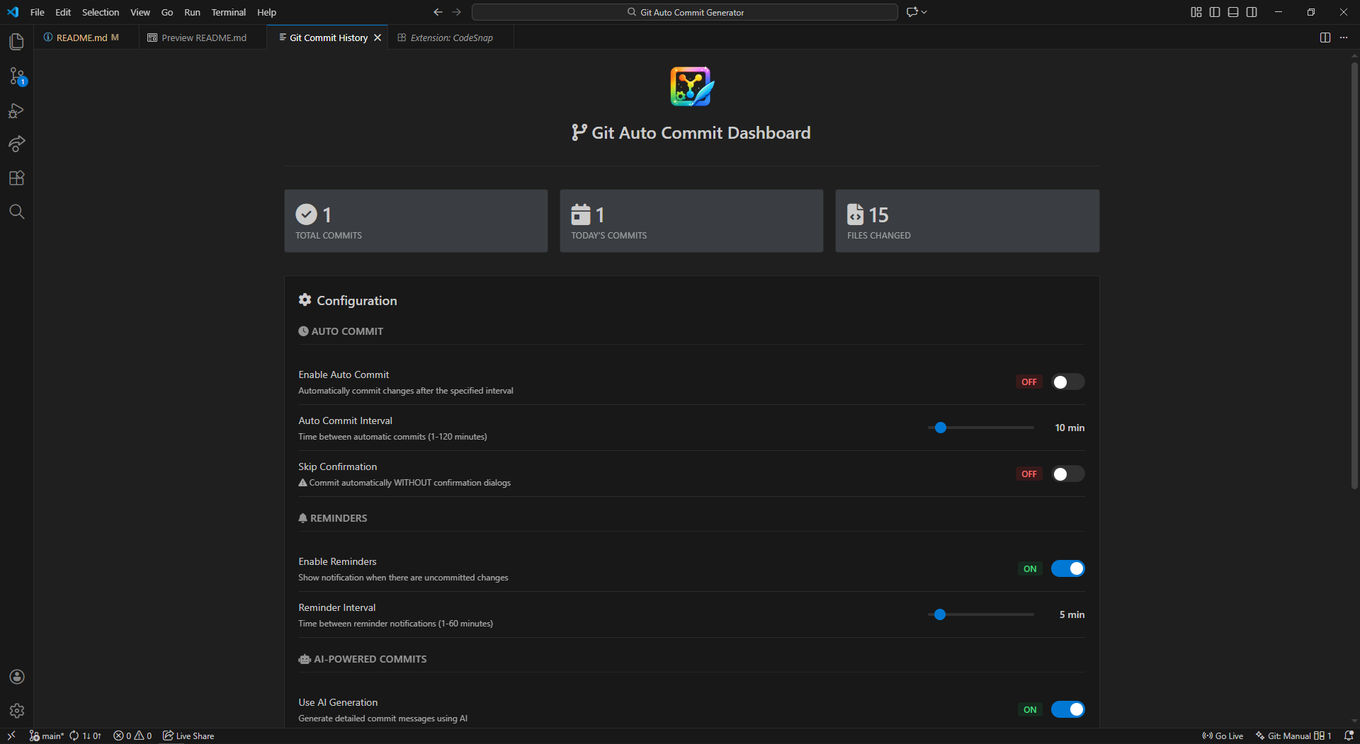 Commit history dashboard showing stats and recent commits