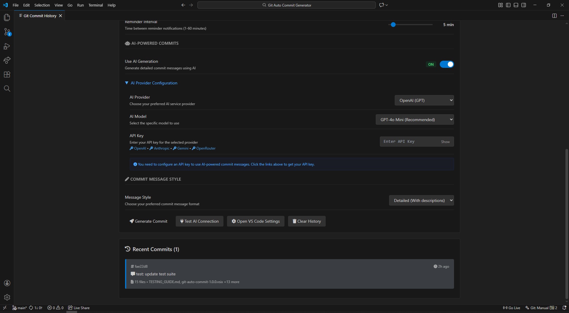 Commit history dashboard configuration panel