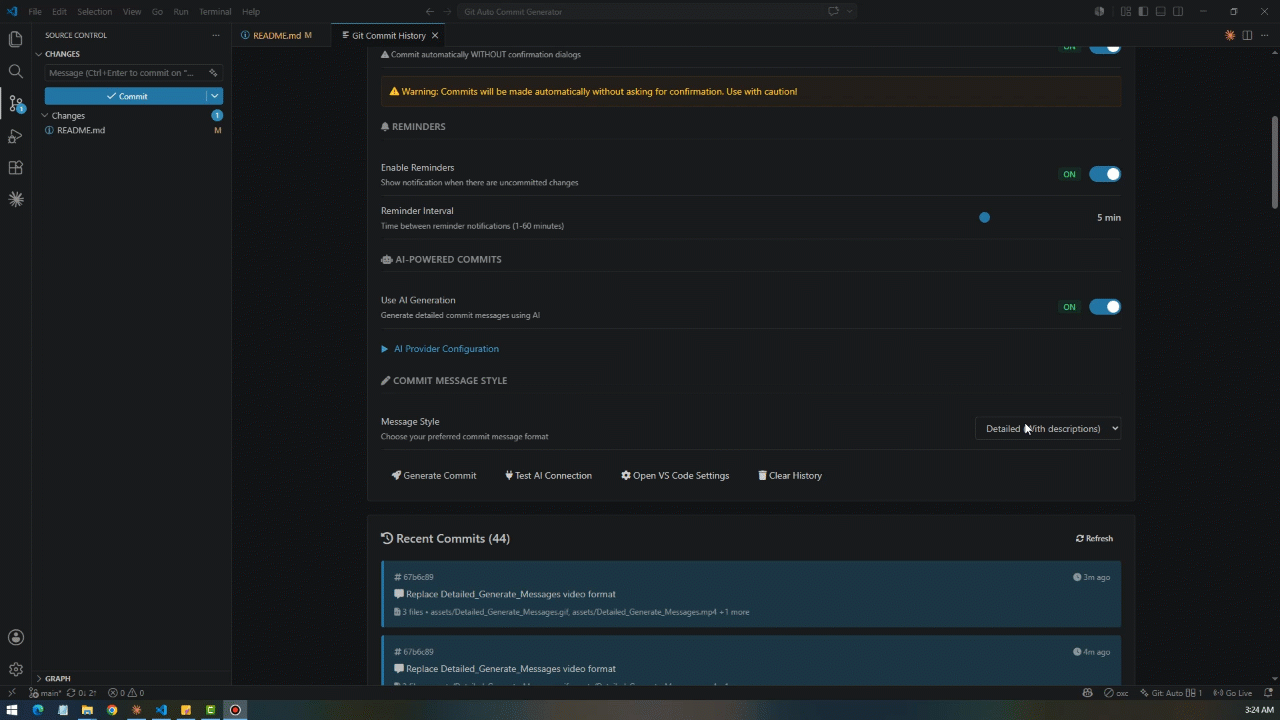 Configuring an AI provider and generating a detailed AI commit message
